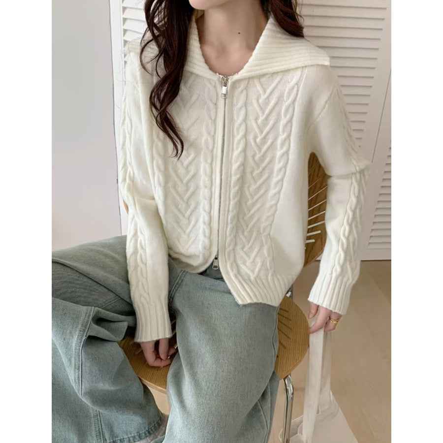 Women's Cable Knit Zipper Sweater Jacket - Thickened Lazy Style Knitted Cardigan for Autumn & Winter