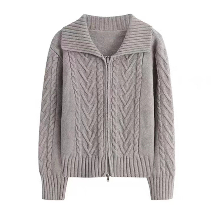 Women's Cable Knit Zipper Sweater Jacket - Thickened Lazy Style Knitted Cardigan for Autumn & Winter
