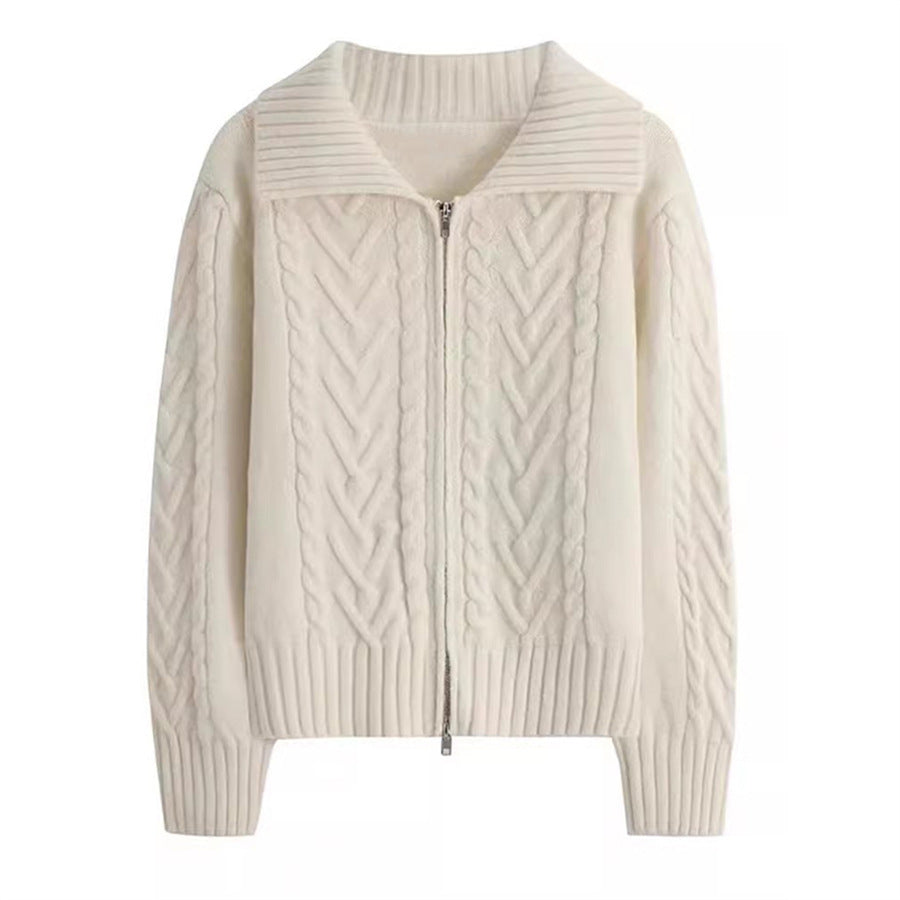 Women's Cable Knit Zipper Sweater Jacket - Thickened Lazy Style Knitted Cardigan for Autumn & Winter