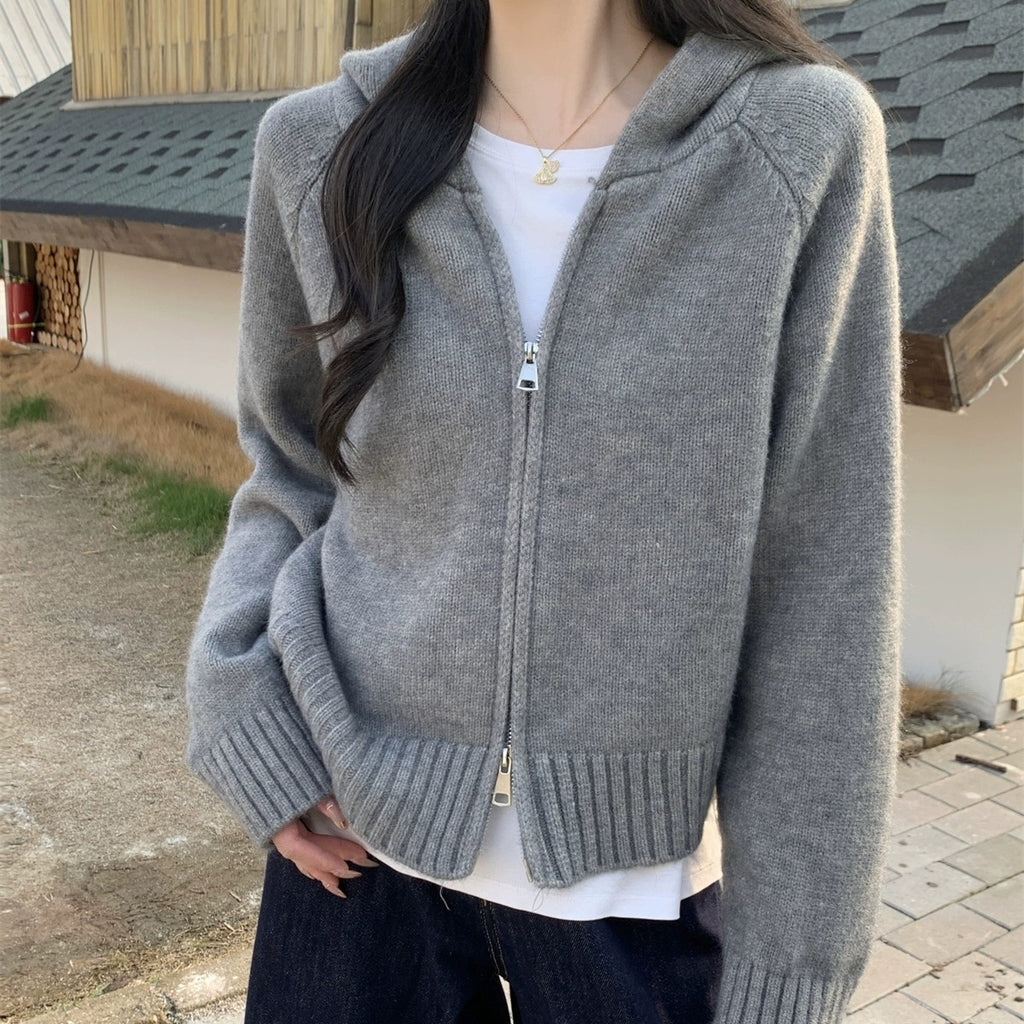 Women's Double Zipper Hooded Knitted Cardigan - Casual Cozy Knit Sweater Jacket