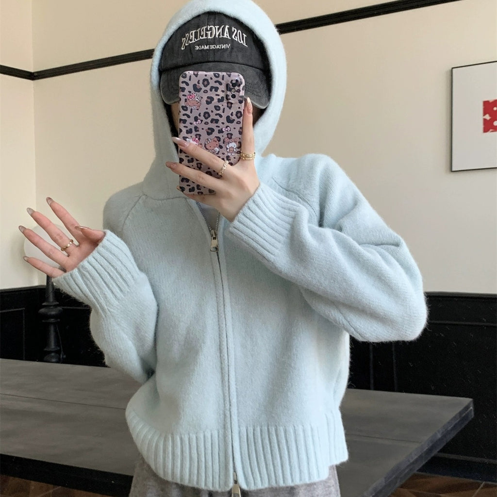 Women's Double Zipper Hooded Knitted Cardigan - Casual Cozy Knit Sweater Jacket