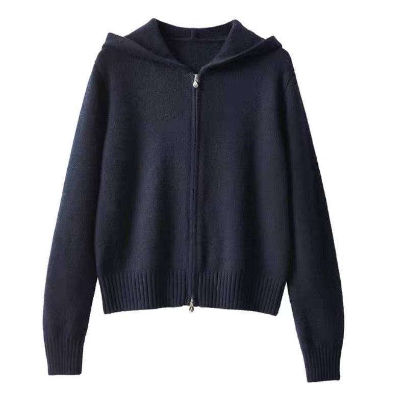 Women's Double Zipper Hooded Knitted Cardigan - Casual Cozy Knit Sweater Jacket