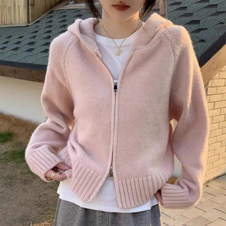 Women's Double Zipper Hooded Knitted Cardigan - Casual Cozy Knit Sweater Jacket