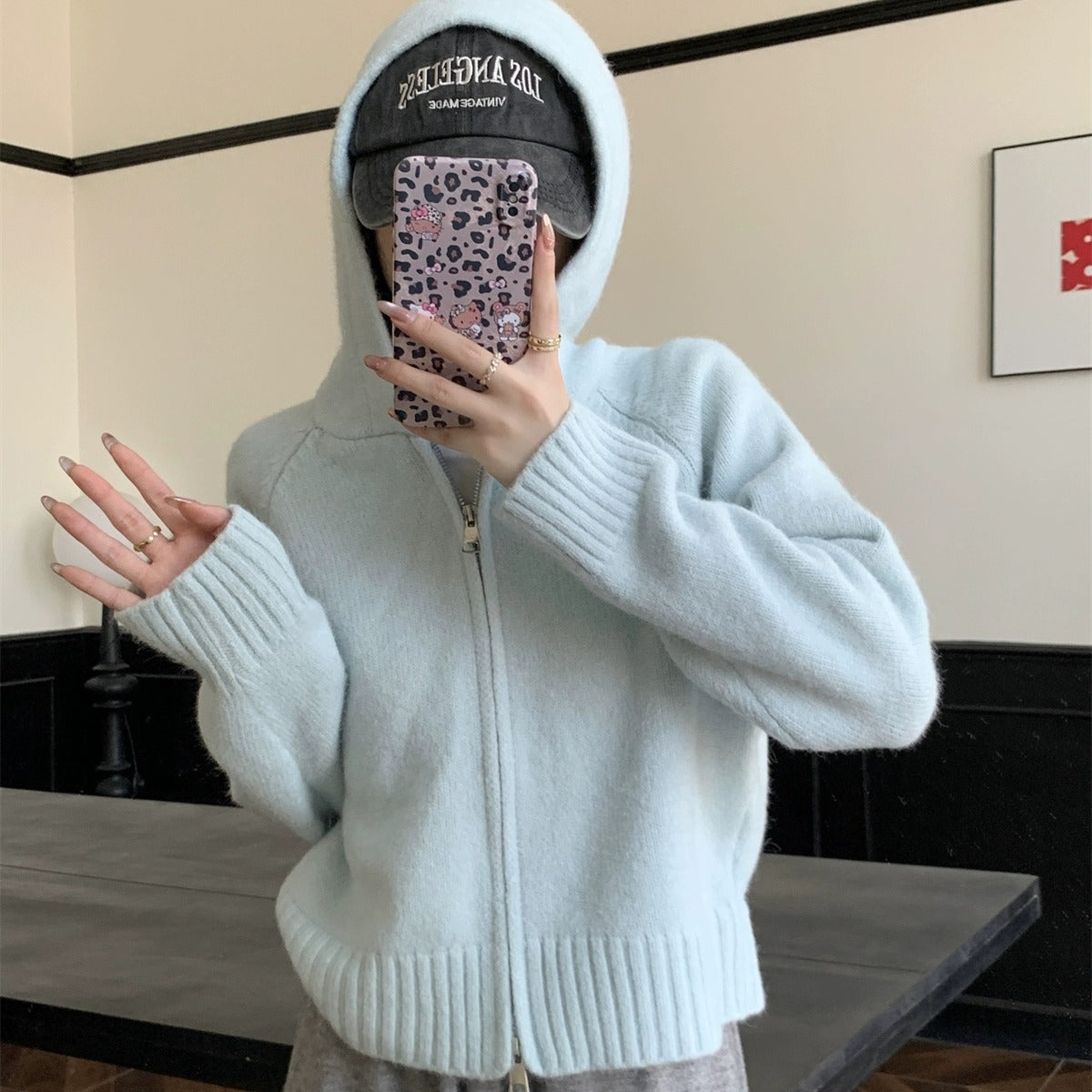Women's Double Zipper Hooded Knitted Cardigan - Casual Cozy Knit Sweater Jacket