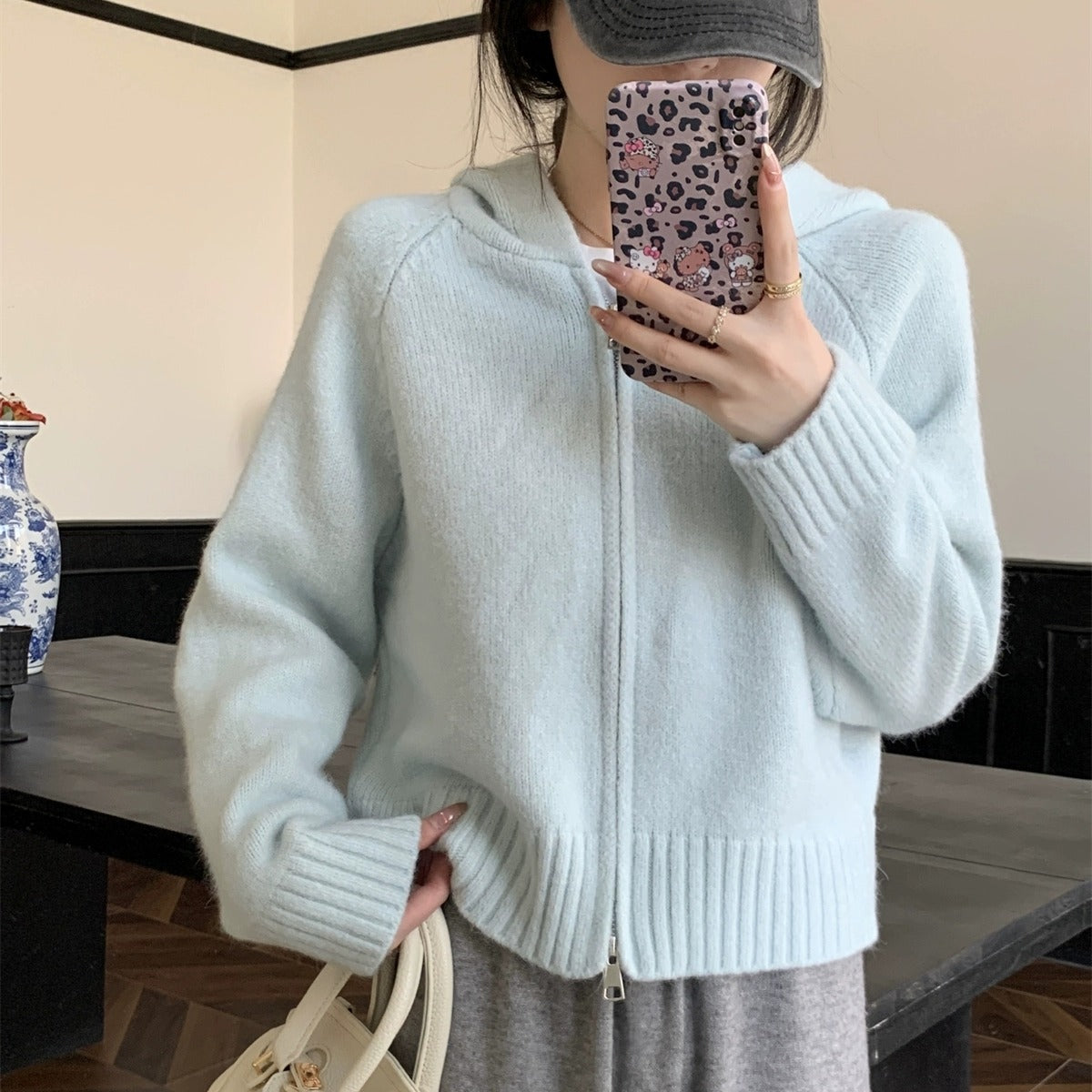 Women's Double Zipper Hooded Knitted Cardigan - Casual Cozy Knit Sweater Jacket