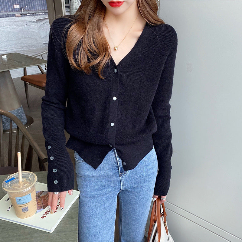 Women's V-Neck Knitted Cardigan Jacket - Lightweight Early Autumn Casual Sweater