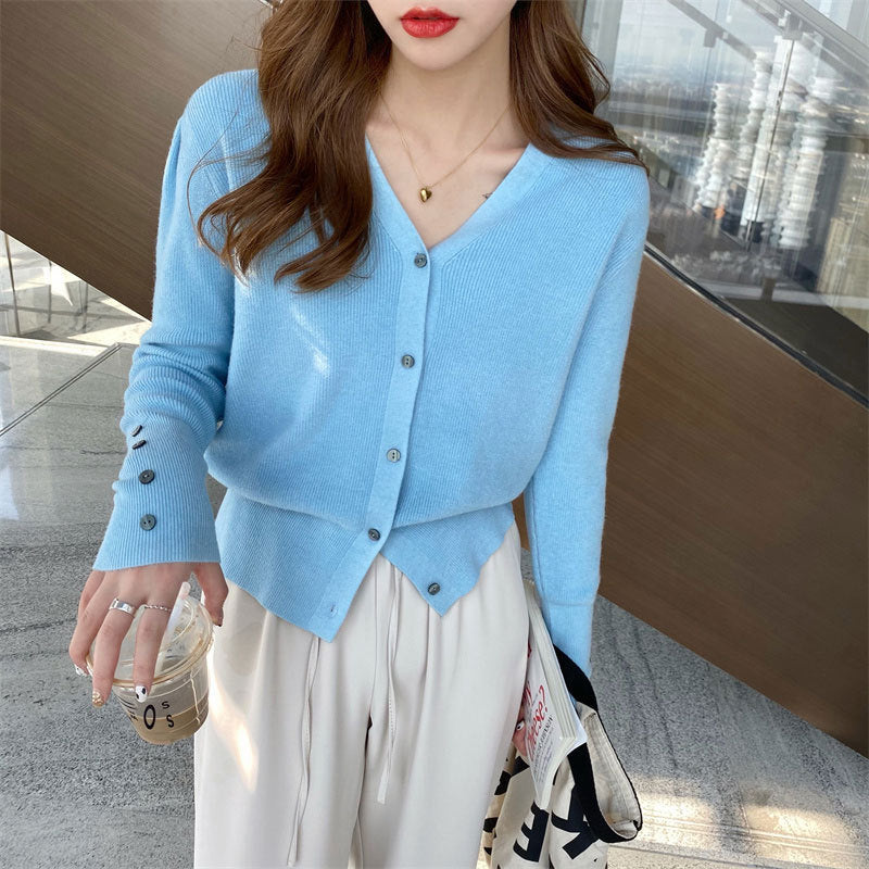 Women's V-Neck Knitted Cardigan Jacket - Lightweight Early Autumn Casual Sweater