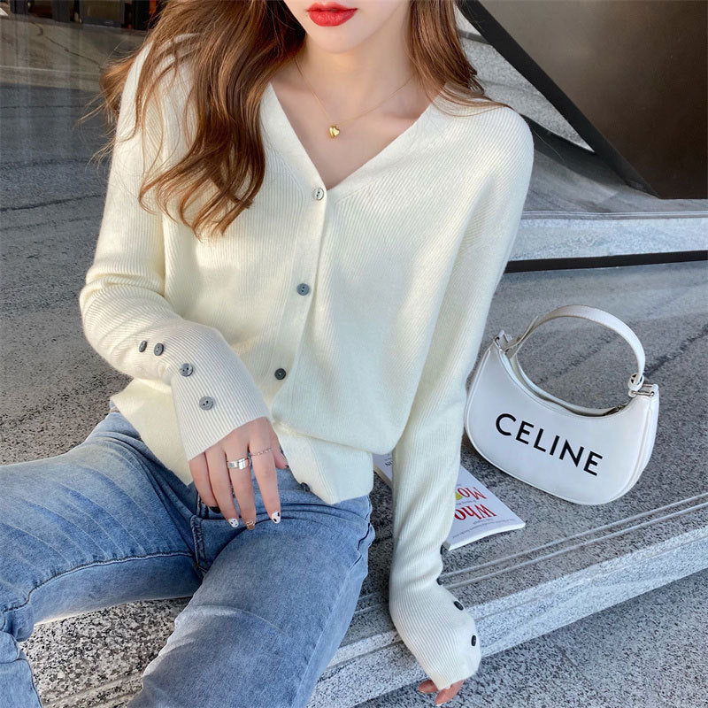 Women's V-Neck Knitted Cardigan Jacket - Lightweight Early Autumn Casual Sweater