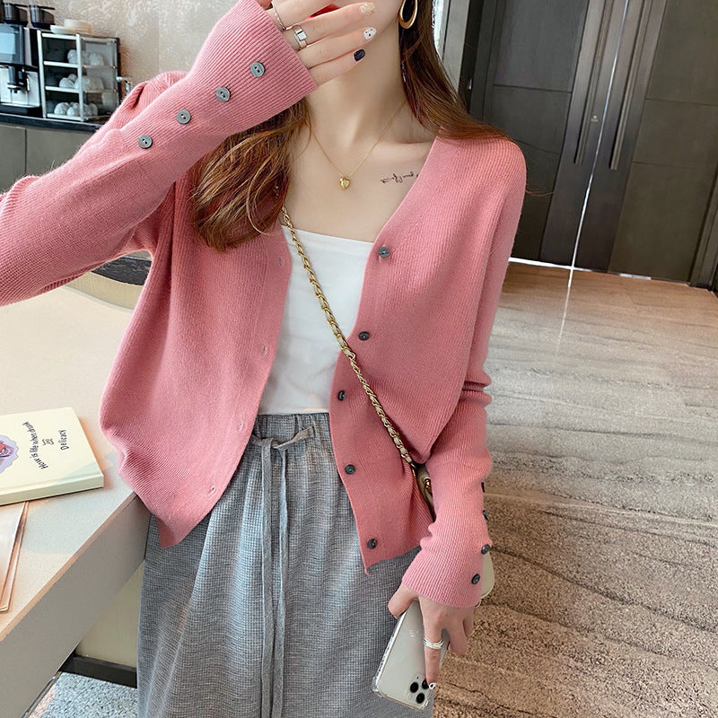 Women's V-Neck Knitted Cardigan Jacket - Lightweight Early Autumn Casual Sweater