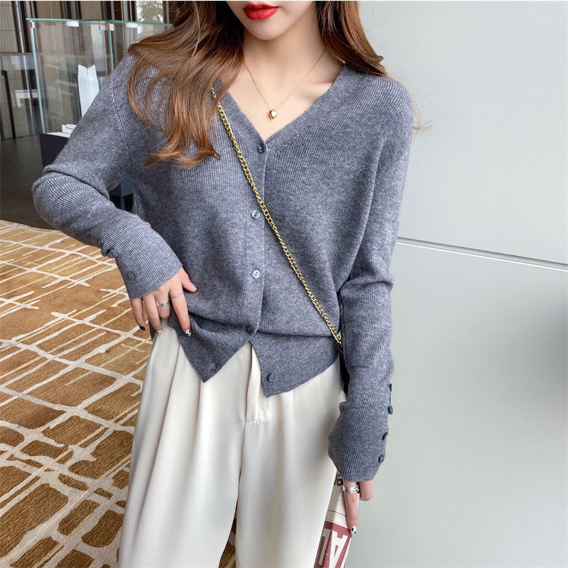 Women's V-Neck Knitted Cardigan Jacket - Lightweight Early Autumn Casual Sweater