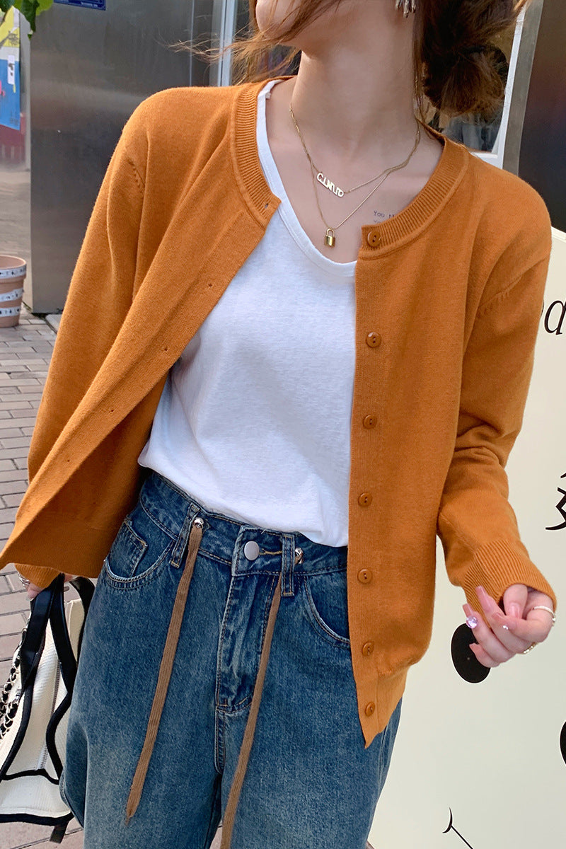 Women's Round Neck Knitted Cardigan Jacket - Loose Fit Sweater Outerwear for Spring & Autumn