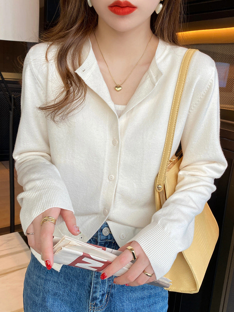 Women's Round Neck Knitted Cardigan Jacket - Loose Fit Sweater Outerwear for Spring & Autumn
