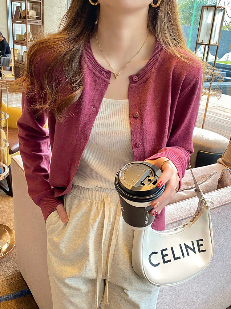 Women's Round Neck Knitted Cardigan Jacket - Loose Fit Sweater Outerwear for Spring & Autumn