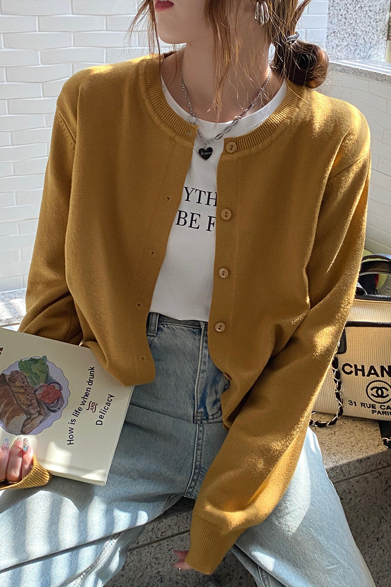 Women's Round Neck Knitted Cardigan Jacket - Loose Fit Sweater Outerwear for Spring & Autumn