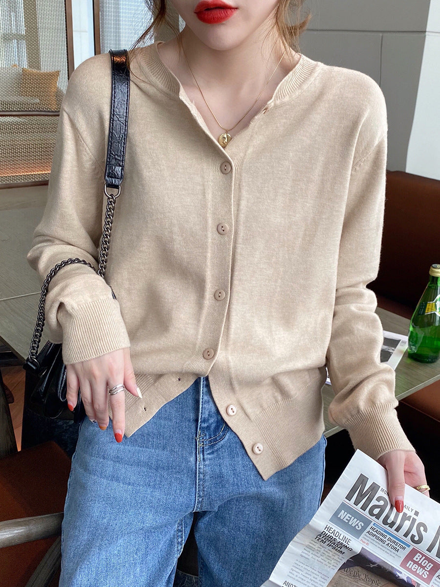 Women's Round Neck Knitted Cardigan Jacket - Loose Fit Sweater Outerwear for Spring & Autumn