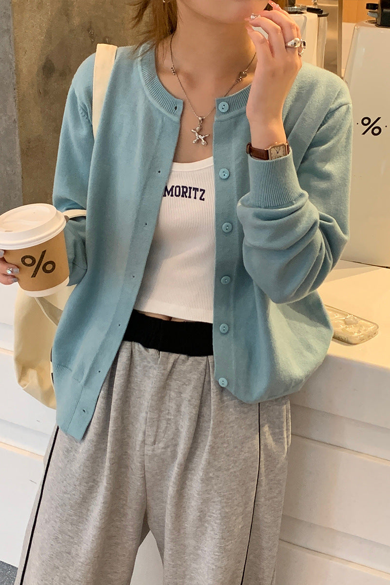 Women's Round Neck Knitted Cardigan Jacket - Loose Fit Sweater Outerwear for Spring & Autumn