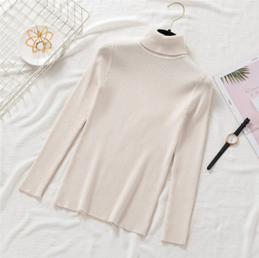 Women's Slim-Fit Turtleneck Sweater - Solid Color, Long-Sleeved Knitted Top, Autumn & Winter Warm Pullover