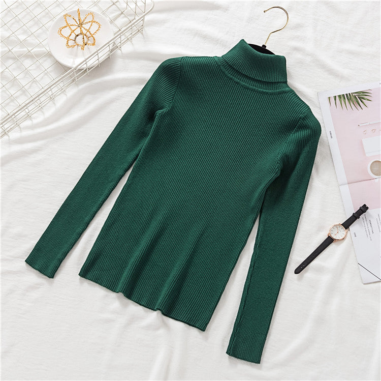 Women's Slim-Fit Turtleneck Sweater - Solid Color, Long-Sleeved Knitted Top, Autumn & Winter Warm Pullover