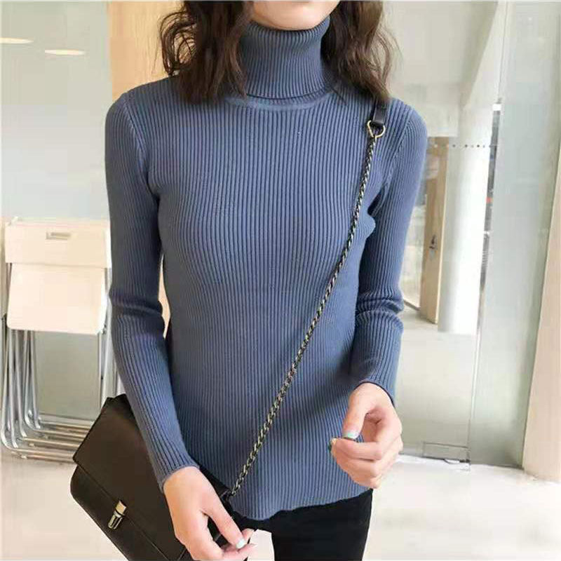 Women's Slim-Fit Turtleneck Sweater - Solid Color, Long-Sleeved Knitted Top, Autumn & Winter Warm Pullover