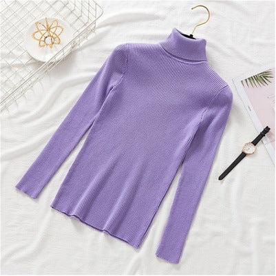 Women's Slim-Fit Turtleneck Sweater - Solid Color, Long-Sleeved Knitted Top, Autumn & Winter Warm Pullover
