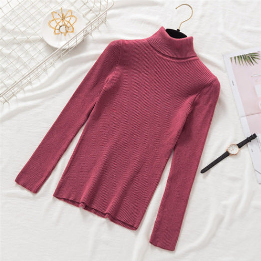 Women's Slim-Fit Turtleneck Sweater - Solid Color, Long-Sleeved Knitted Top, Autumn & Winter Warm Pullover