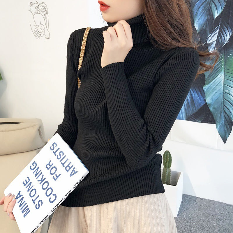 Women's Slim-Fit Turtleneck Sweater - Solid Color, Long-Sleeved Knitted Top, Autumn & Winter Warm Pullover