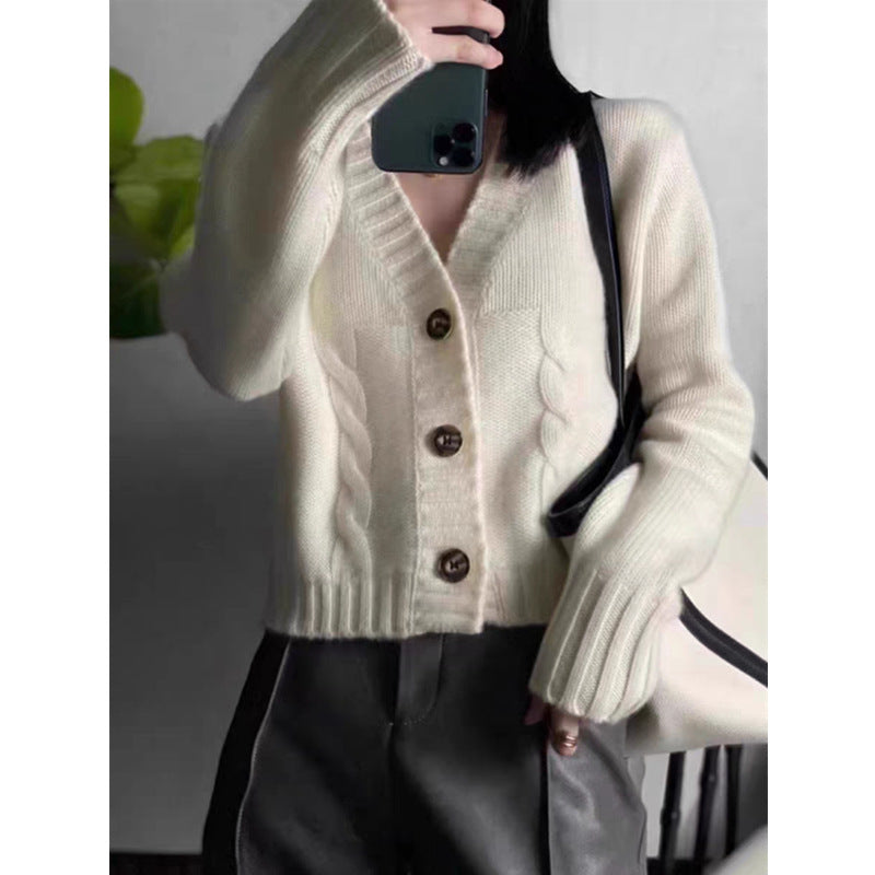 Women's V-Neck Thickened Knit Jacket - Solid Color, Twisted Pattern, Loose-Fit Short Outerwear Sweater Top