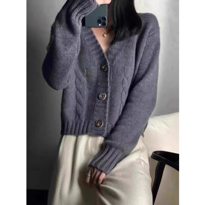 Women's V-Neck Thickened Knit Jacket - Solid Color, Twisted Pattern, Loose-Fit Short Outerwear Sweater Top