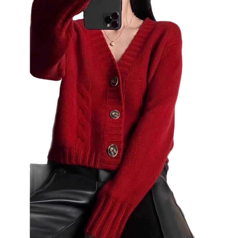 Women's V-Neck Thickened Knit Jacket - Solid Color, Twisted Pattern, Loose-Fit Short Outerwear Sweater Top