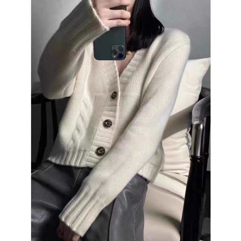 Women's V-Neck Thickened Knit Jacket - Solid Color, Twisted Pattern, Loose-Fit Short Outerwear Sweater Top