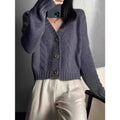 Women's V-Neck Thickened Knit Jacket - Solid Color, Twisted Pattern, Loose-Fit Short Outerwear Sweater Top
