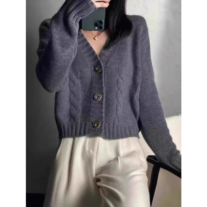 Women's V-Neck Thickened Knit Jacket - Solid Color, Twisted Pattern, Loose-Fit Short Outerwear Sweater Top