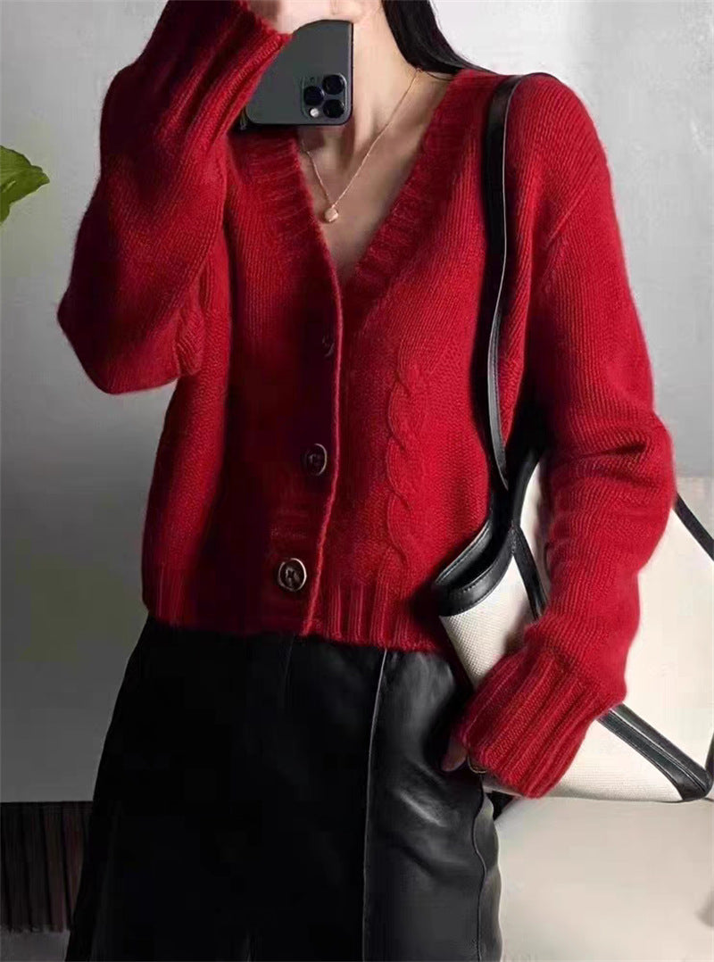 Women's V-Neck Thickened Knit Jacket - Solid Color, Twisted Pattern, Loose-Fit Short Outerwear Sweater Top