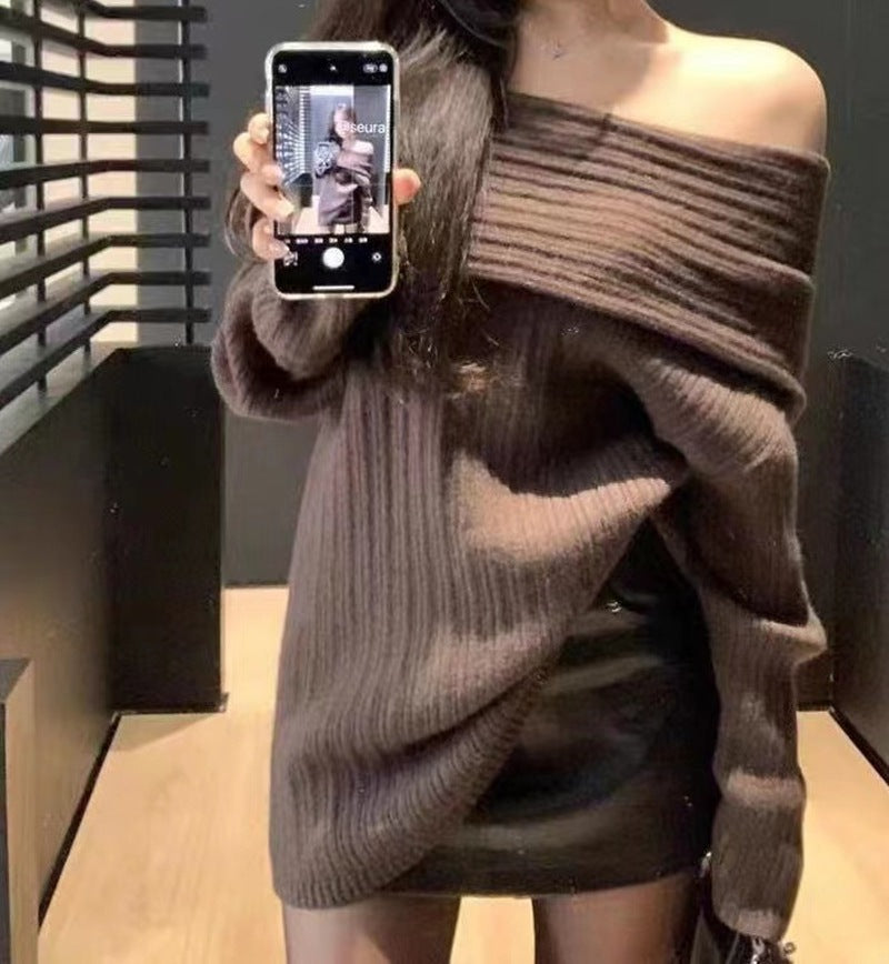 Women's Lazy Style One-Shoulder Knitted Cardigan - Autumn & Winter Mid-Length