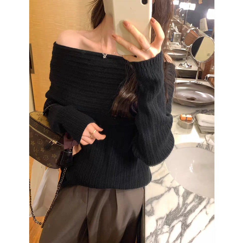 Women's Lazy Style One-Shoulder Knitted Cardigan - Autumn & Winter Mid-Length