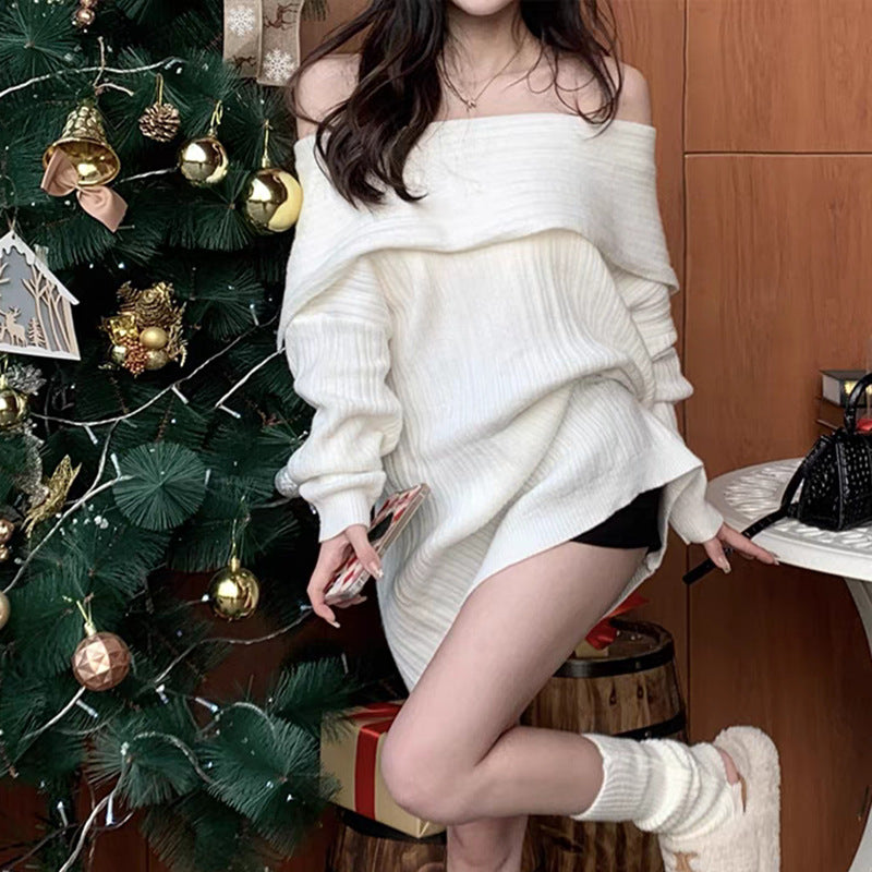 Women's Lazy Style One-Shoulder Knitted Cardigan - Autumn & Winter Mid-Length