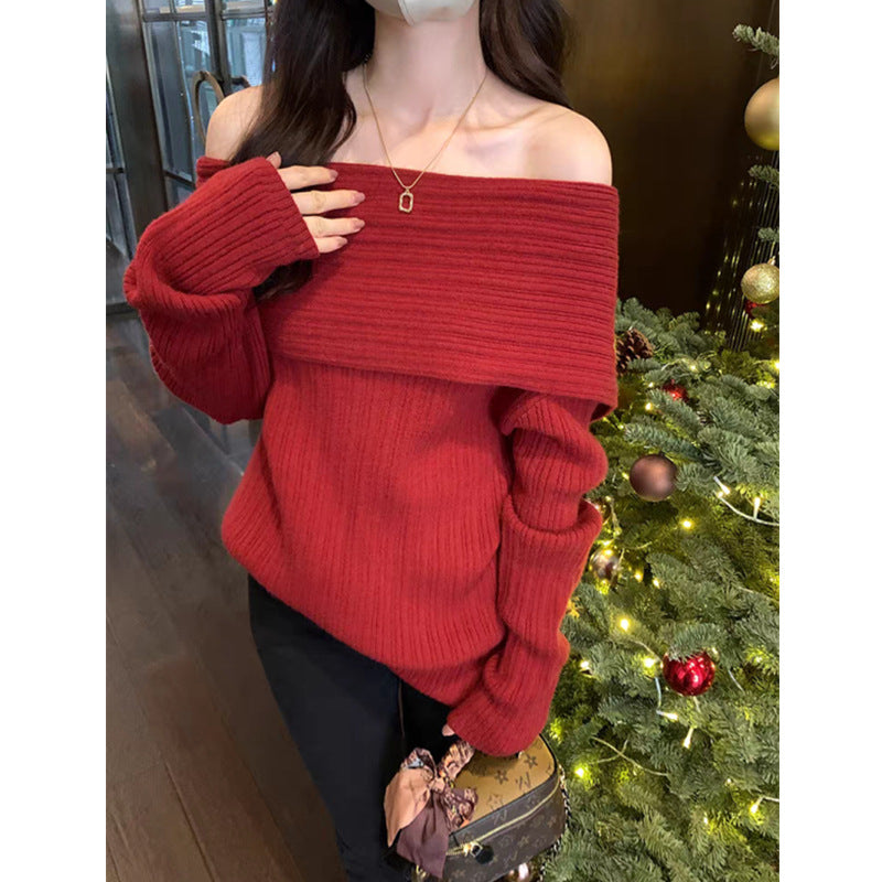 Women's Lazy Style One-Shoulder Knitted Cardigan - Autumn & Winter Mid-Length