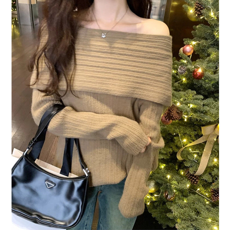 Women's Lazy Style One-Shoulder Knitted Cardigan - Autumn & Winter Mid-Length