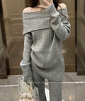 Women's Lazy Style One-Shoulder Knitted Cardigan - Autumn & Winter Mid-Length