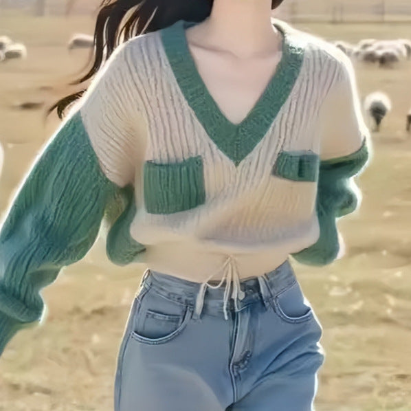 Women's Contrast Color V-Neck Pullover Sweater