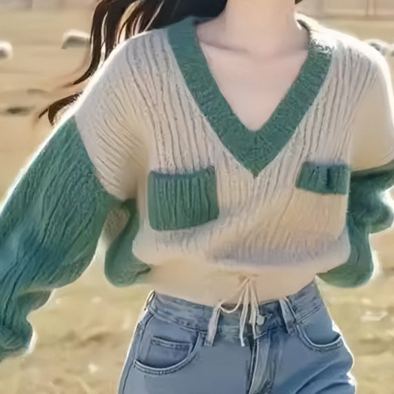 Women's Contrast Color V-Neck Pullover Sweater