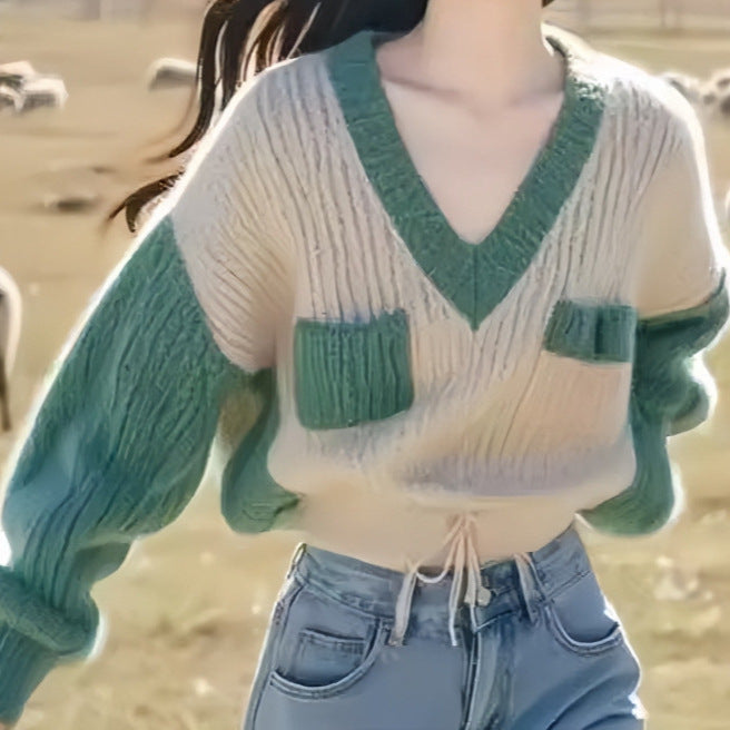 Women's Contrast Color V-Neck Pullover Sweater