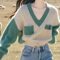 Women's Contrast Color V-Neck Pullover Sweater