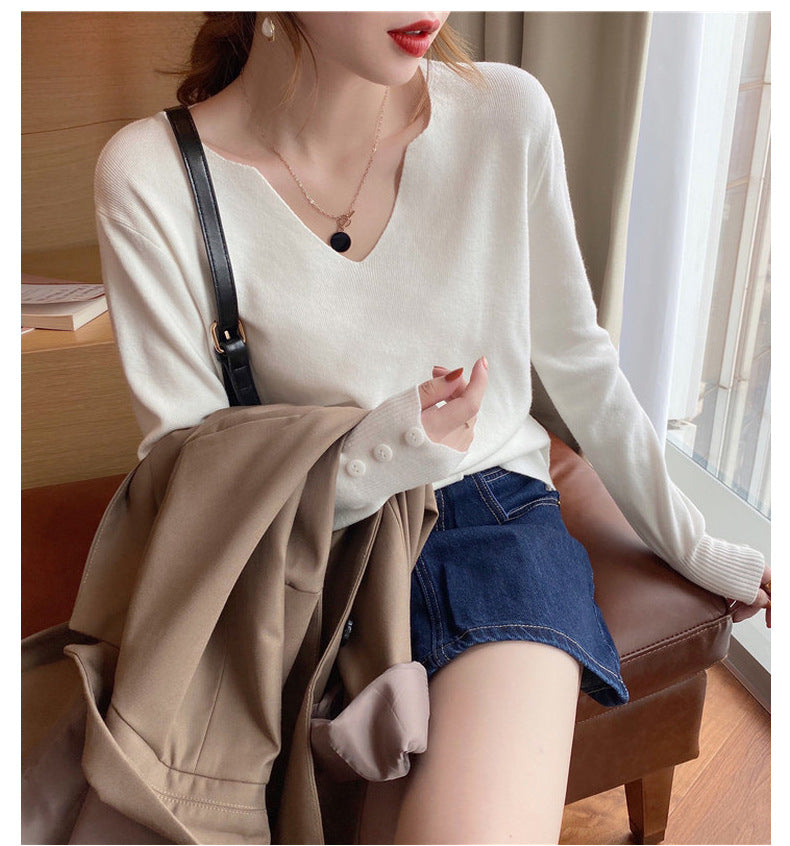 Women's V-Neck Sweater - Lightweight Knit Pullover for Spring and Autumn, Long-Sleeved Casual Top