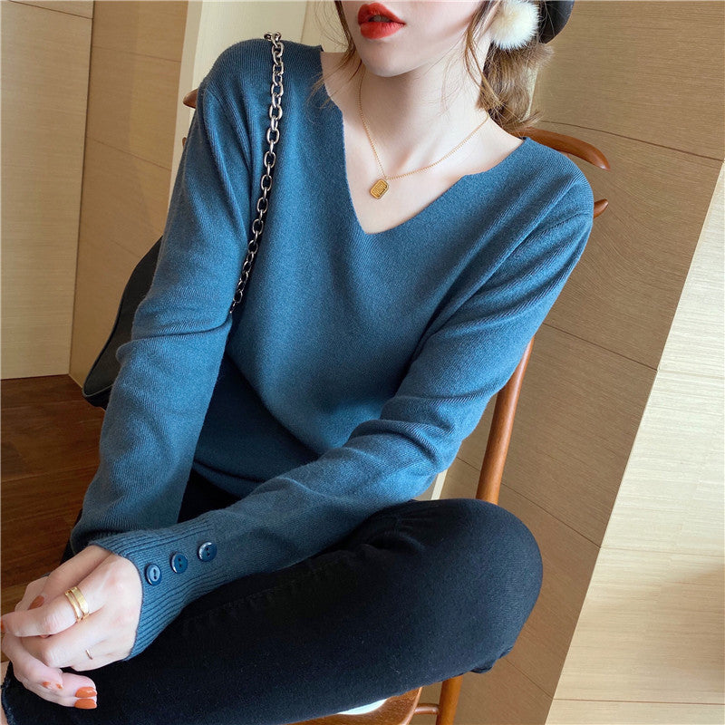 Women's V-Neck Sweater - Lightweight Knit Pullover for Spring and Autumn, Long-Sleeved Casual Top