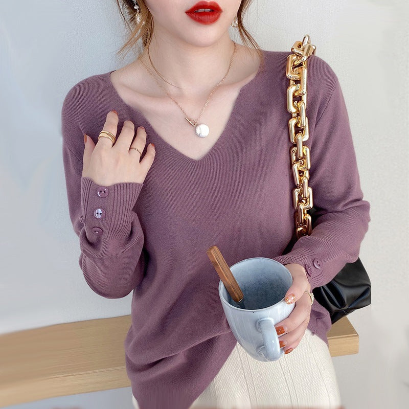 Women's V-Neck Sweater - Lightweight Knit Pullover for Spring and Autumn, Long-Sleeved Casual Top
