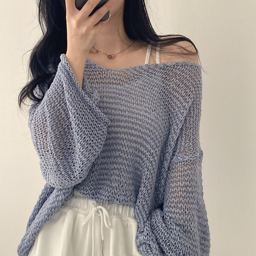Women's Loose Knit Off-Shoulder Sweater – French Sweet Hollow Out Long Sleeve Cardigan