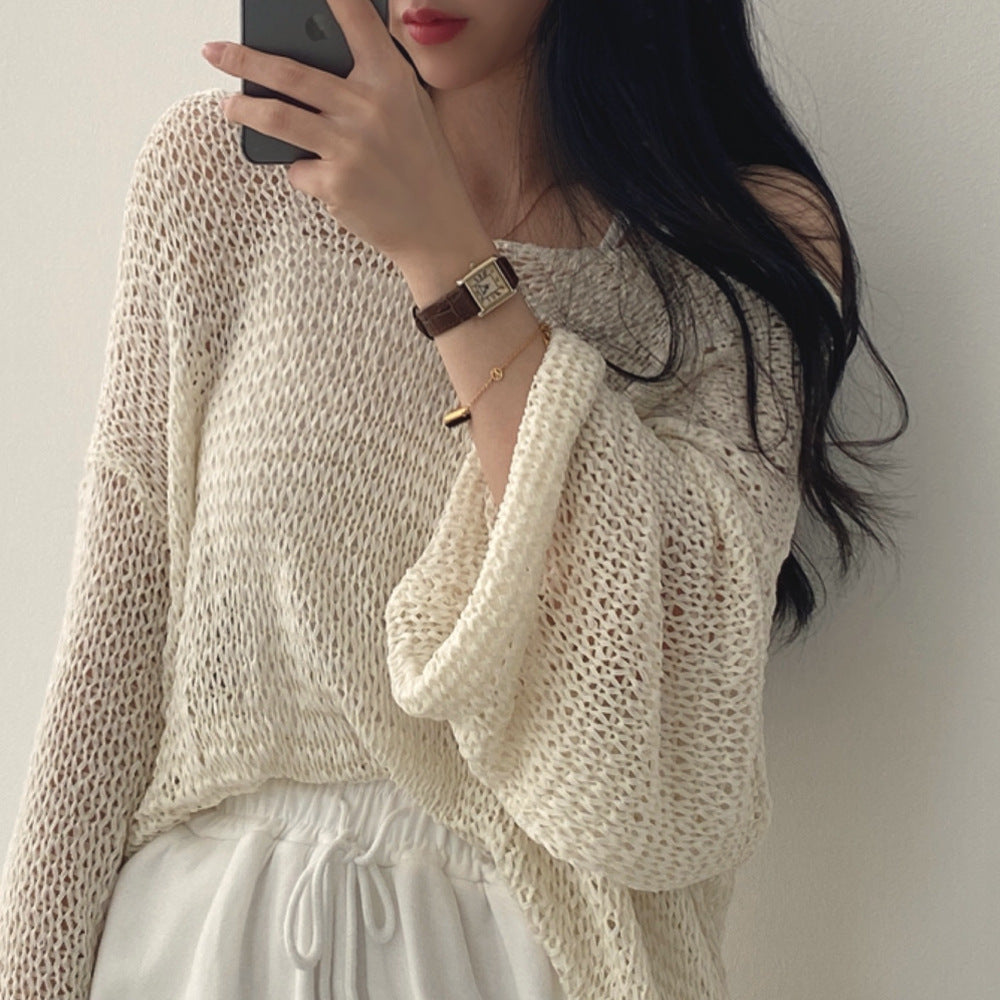 Women's Loose Knit Off-Shoulder Sweater – French Sweet Hollow Out Long Sleeve Cardigan