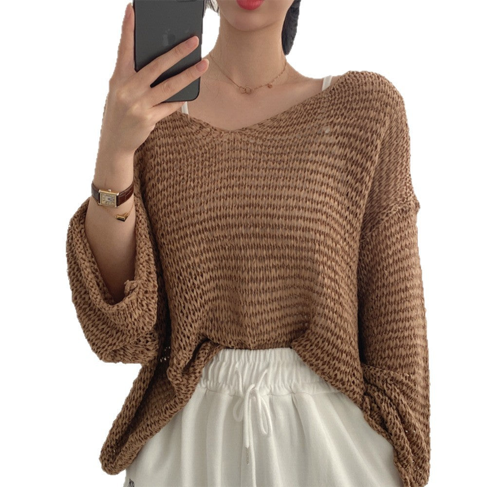Women's Loose Knit Off-Shoulder Sweater – French Sweet Hollow Out Long Sleeve Cardigan