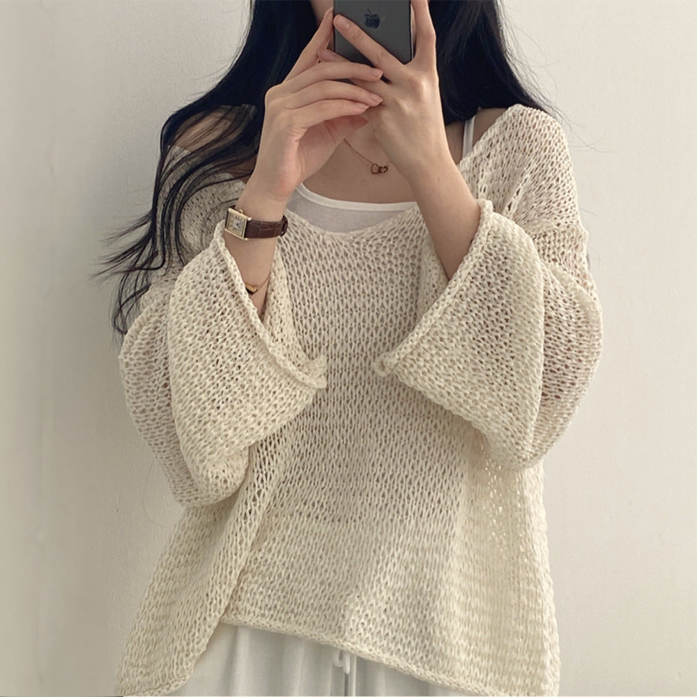 Women's Loose Knit Off-Shoulder Sweater – French Sweet Hollow Out Long Sleeve Cardigan